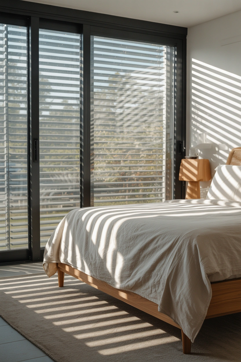 Sliding glass patio door with integrated blinds between panes in modern white bedroom with stripe shadow light