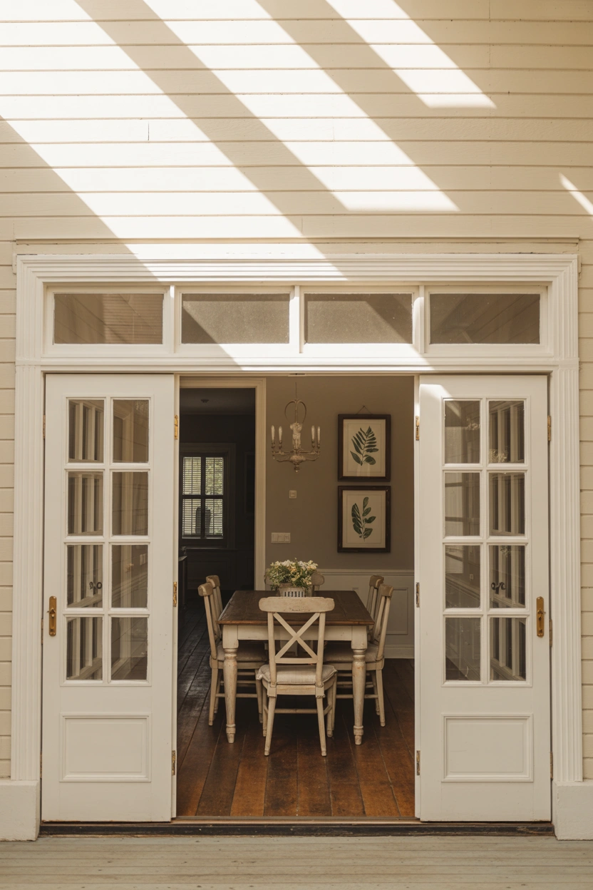 French patio door with flanking glass sidelights and transom window flooding traditional dining room with light