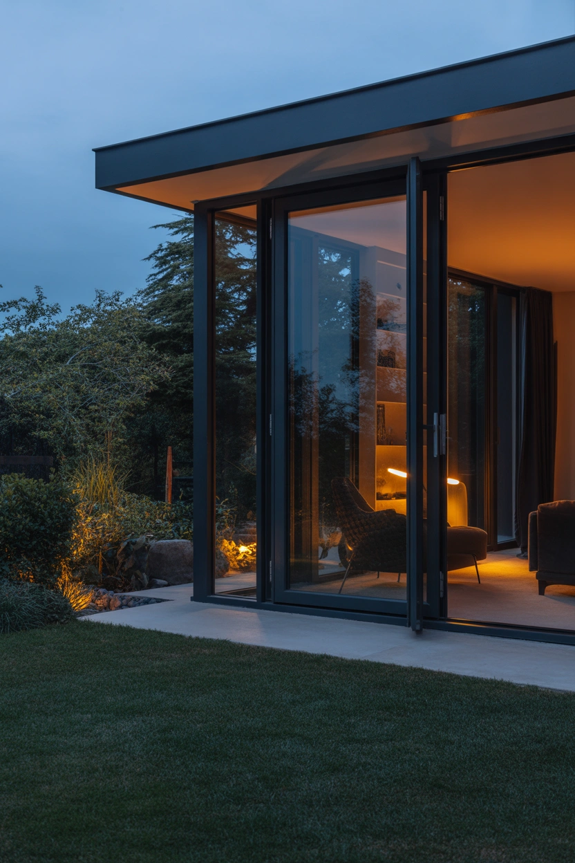 Full glass pivot patio door with slim aluminum frame glowing at dusk with lit garden beyond
