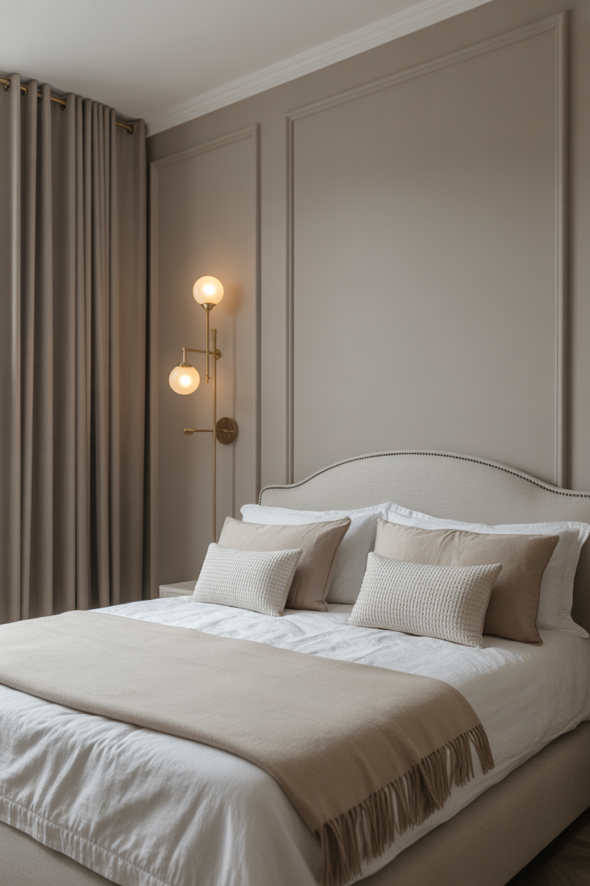 Elegant greige bedroom with cream bedding and brushed brass hardware — sophisticated grown woman bedroom idea