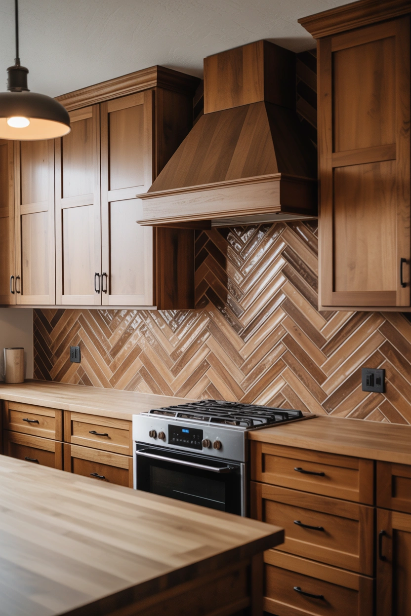 Herringbone porcelain wood-look tile backsplash with honey oak cabinets and butcher block countertops in a rustic modern kitchen