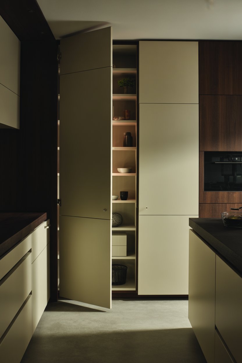 Hidden corner pantry concealed behind matching kitchen cabinetry panels in modern kitchen