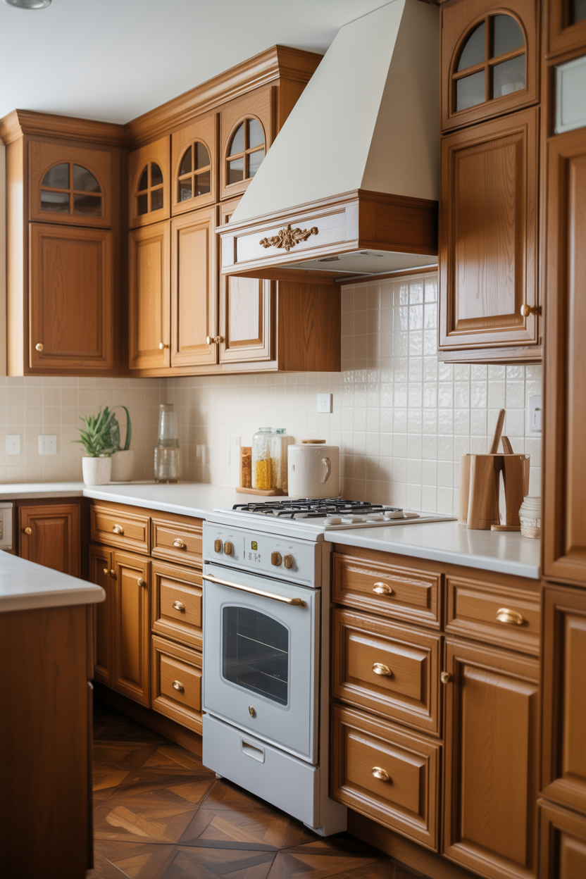 Honey oak kitchen with brushed gold hardware on cabinets and warm white countertops, elegant kitchen design.