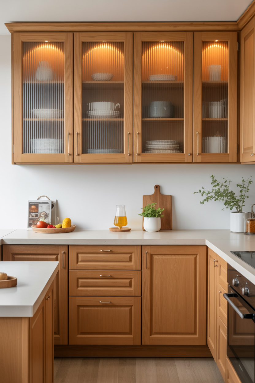 Honey oak kitchen cabinets with fluted glass door inserts, warm light through glass panels, modern elegant kitchen.
