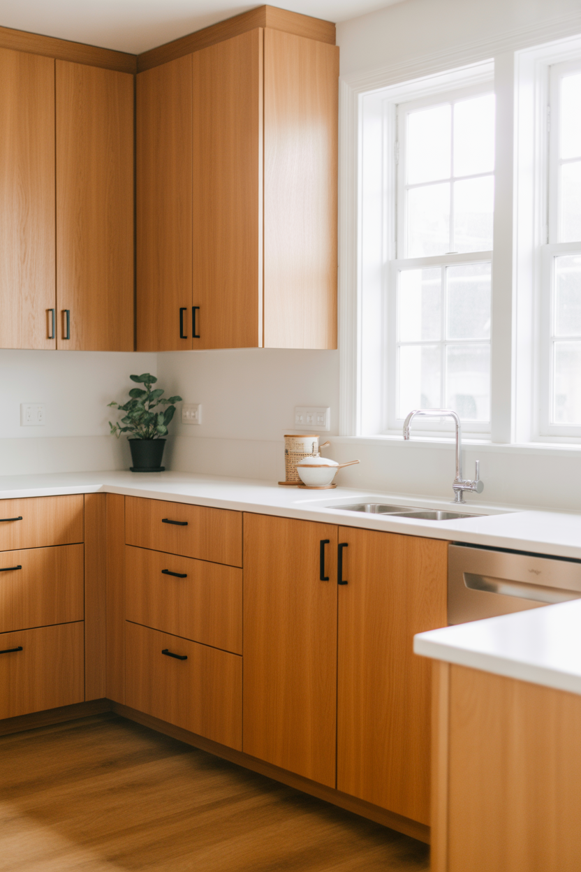 Honey oak kitchen cabinets with matte black hardware and white quartz countertops in a modern kitchen