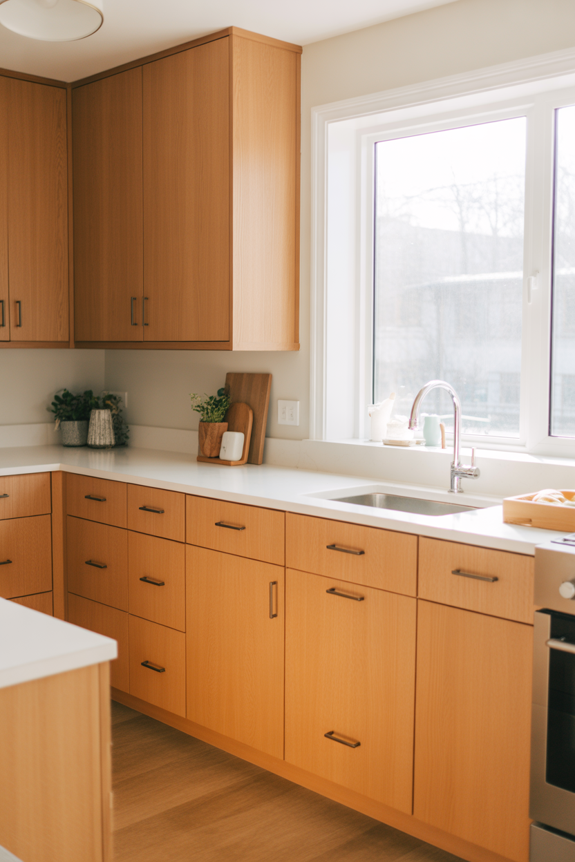 Modern honey oak kitchen cabinets paired with white quartz countertops and subway tile backsplash