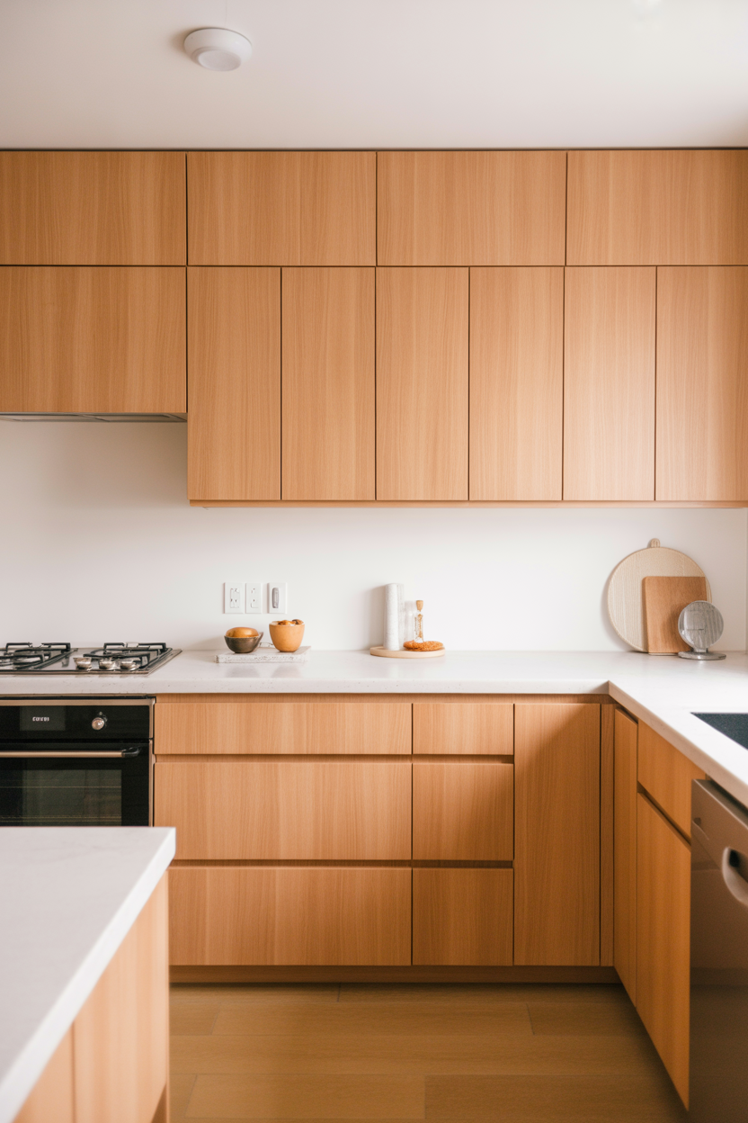 Modern honey oak flat-panel kitchen cabinet doors with minimalist design and white countertops