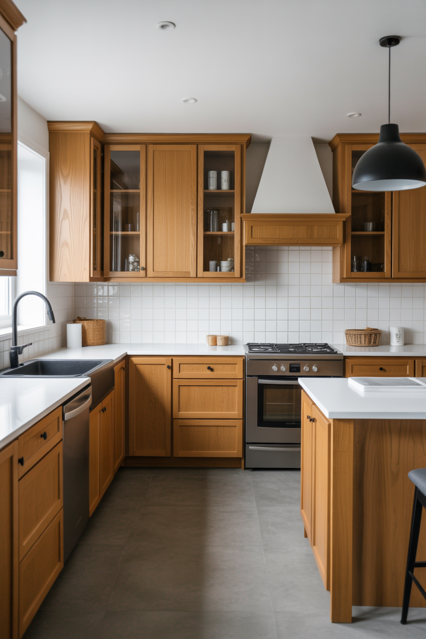 Honey oak kitchen cabinets with gray concrete tile flooring and white countertops, modern kitchen design