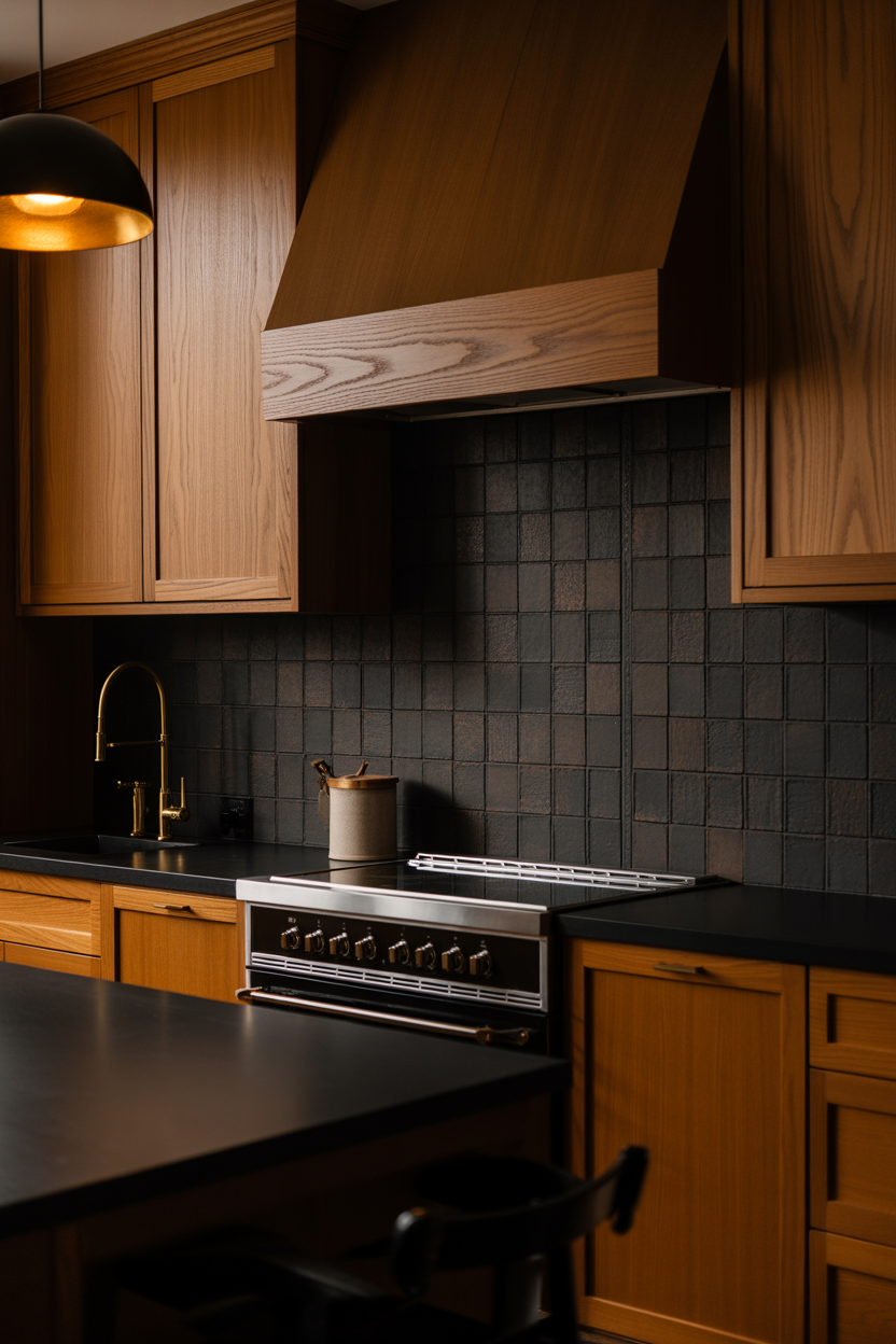 Honey oak kitchen cabinets with dark charcoal tile backsplash, brass faucet, and warm pendant lighting