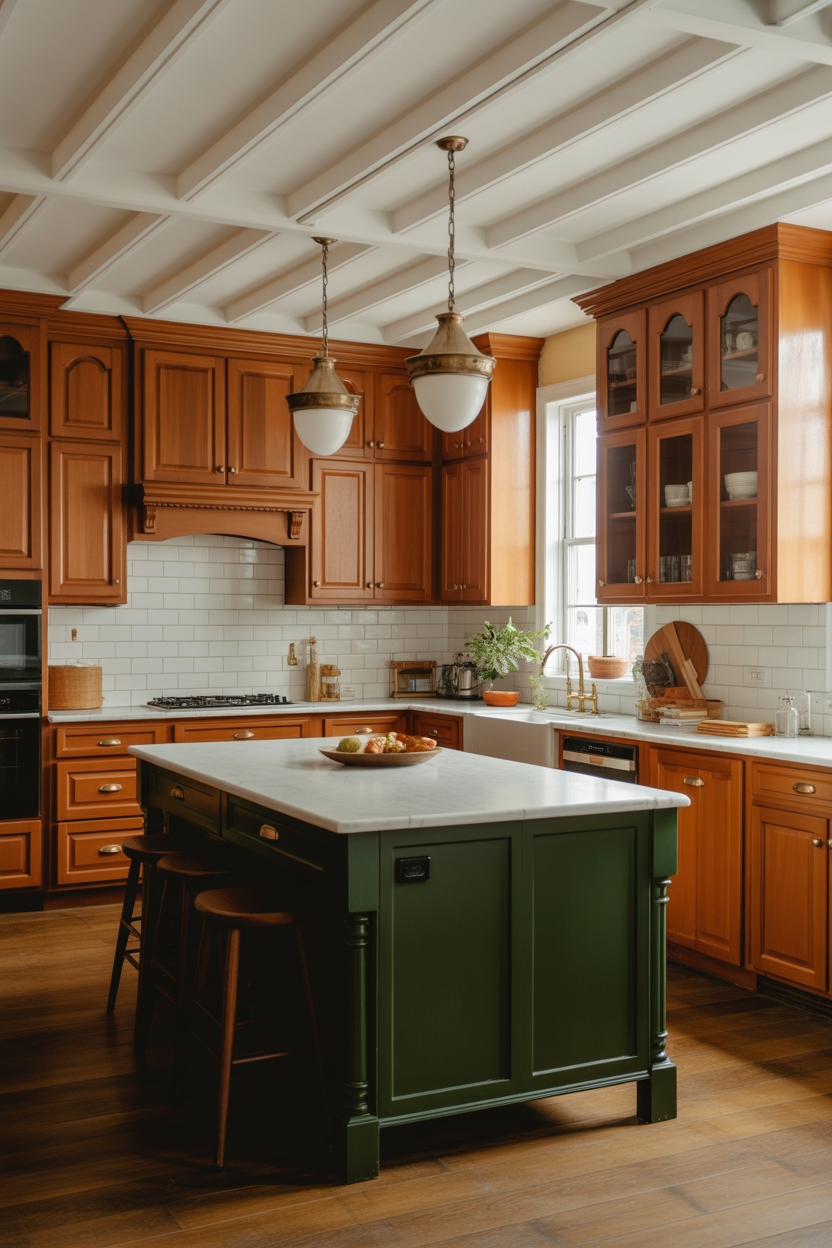 A Dark Green Island in a Honey Oak Kitchen Want a kitchen that stops the scroll on Pinterest? Add a painted island. A deep forest green, hunter green, or even a moody sage island in the middle of a honey oak kitchen creates this gorgeous tension between warm and cool, natural and bold. The contrast is unexpected in the best way. The wood feels richer. The green feels intentional. And the whole kitchen suddenly looks like something out of a high-end design magazine — not a 1990s ranch house. Image Prompt: Honey oak kitchen cabinets with a dark green painted island, white marble countertop on island, warm pendant lighting overhead, wood floors, editorial kitchen photography, Pinterest-worthy composition. File Name: honey-oak-kitchen-dark-green-island ALT Text: Honey oak kitchen with dark forest green painted island and marble countertop, modern farmhouse style.