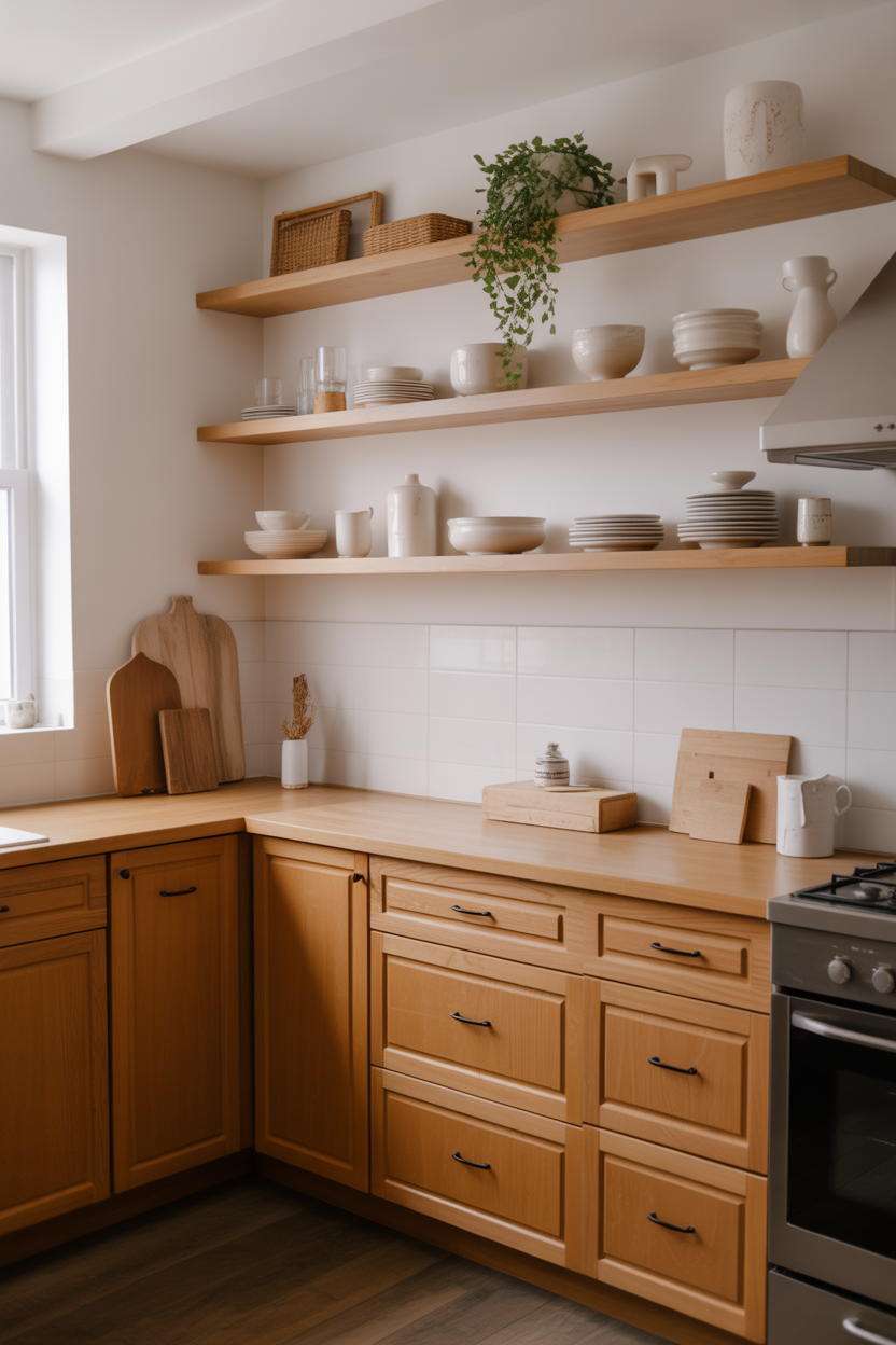 Honey oak kitchen with open floating oak shelves styled with white dishes and greenery