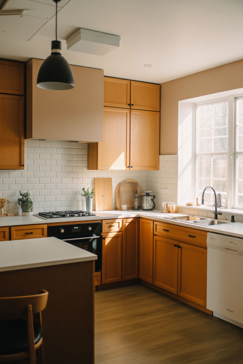 Honey oak kitchen cabinets with warm greige wall paint, white countertops, and matte black hardware.