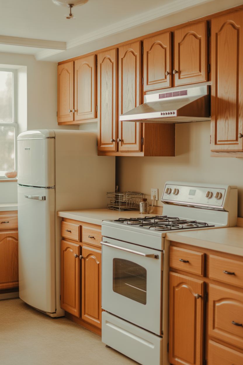 Honey oak kitchen with matte white appliances, warm neutral countertops, retro-modern kitchen design.