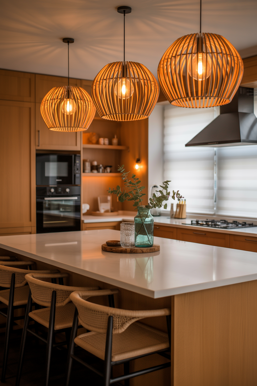 Honey oak kitchen with warm rattan pendant lights above island, cozy kitchen lighting design.