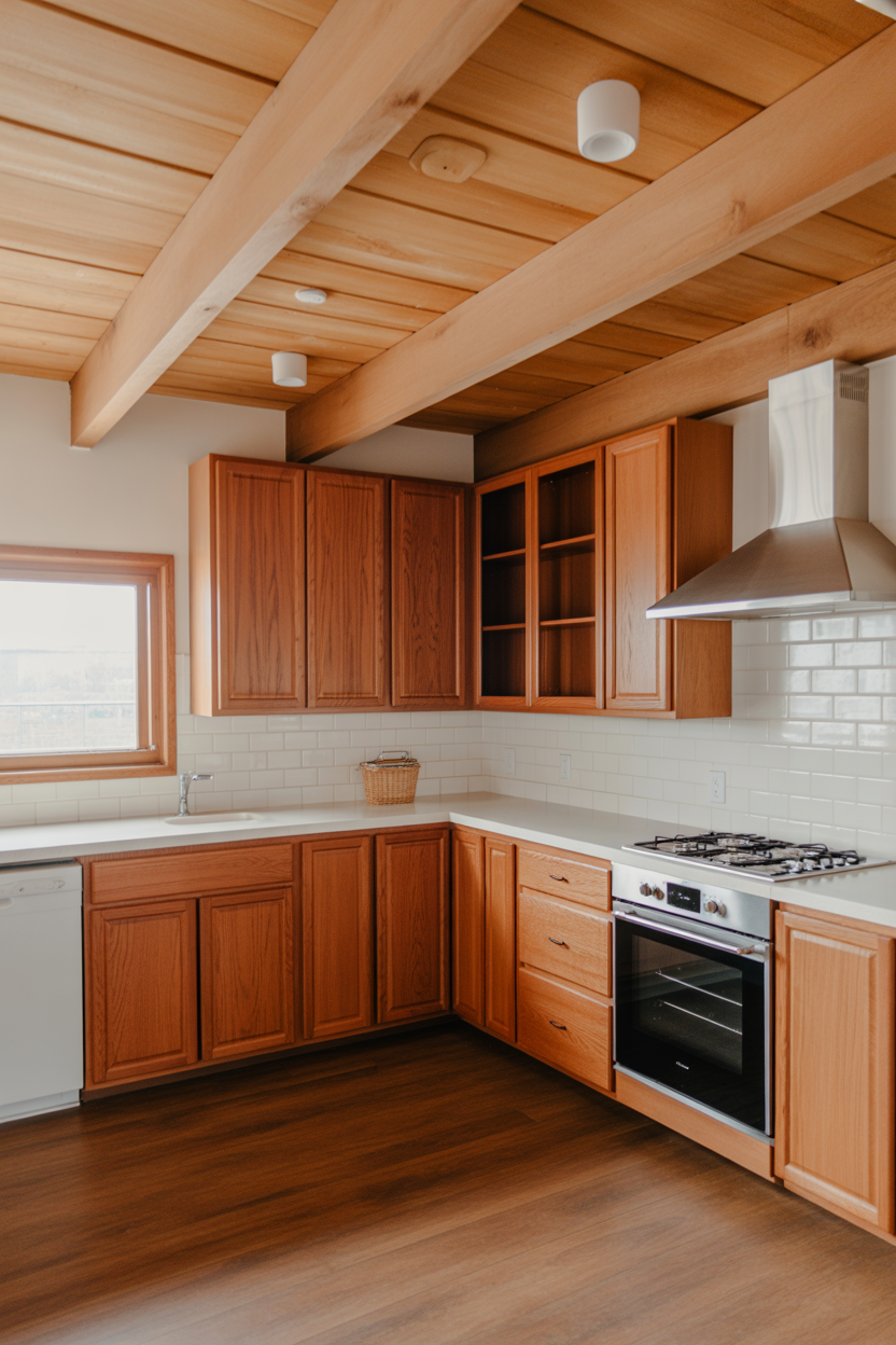 Wood-drenched honey oak kitchen with matching ceiling panels, white countertops, and warm cozy lighting