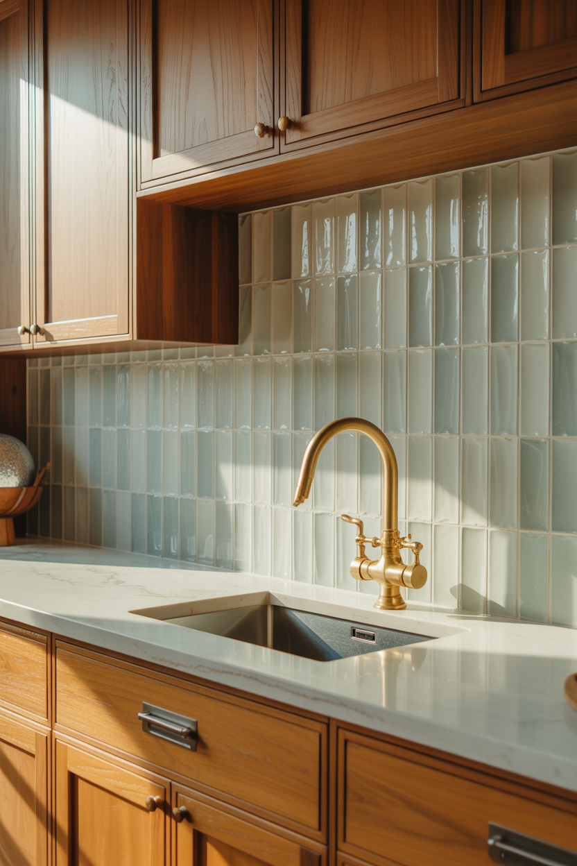 Honey oak kitchen with handmade zellige tile backsplash and warm brass faucet, boho modern kitchen