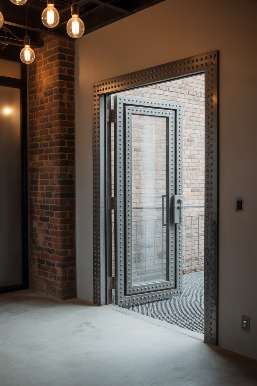 Industrial steel glass patio door with exposed bolts and raw frame in converted brick loft apartment