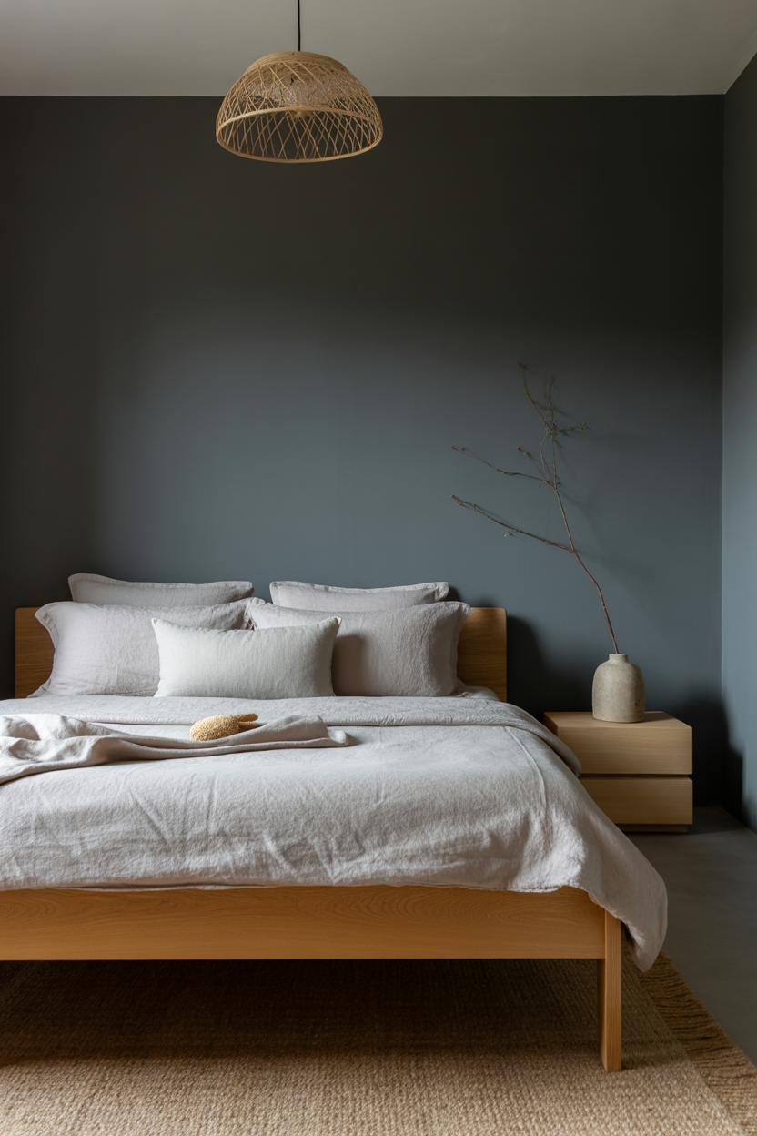 Minimalist Japandi black bedroom with natural wood furniture and neutral tones for sophisticated women