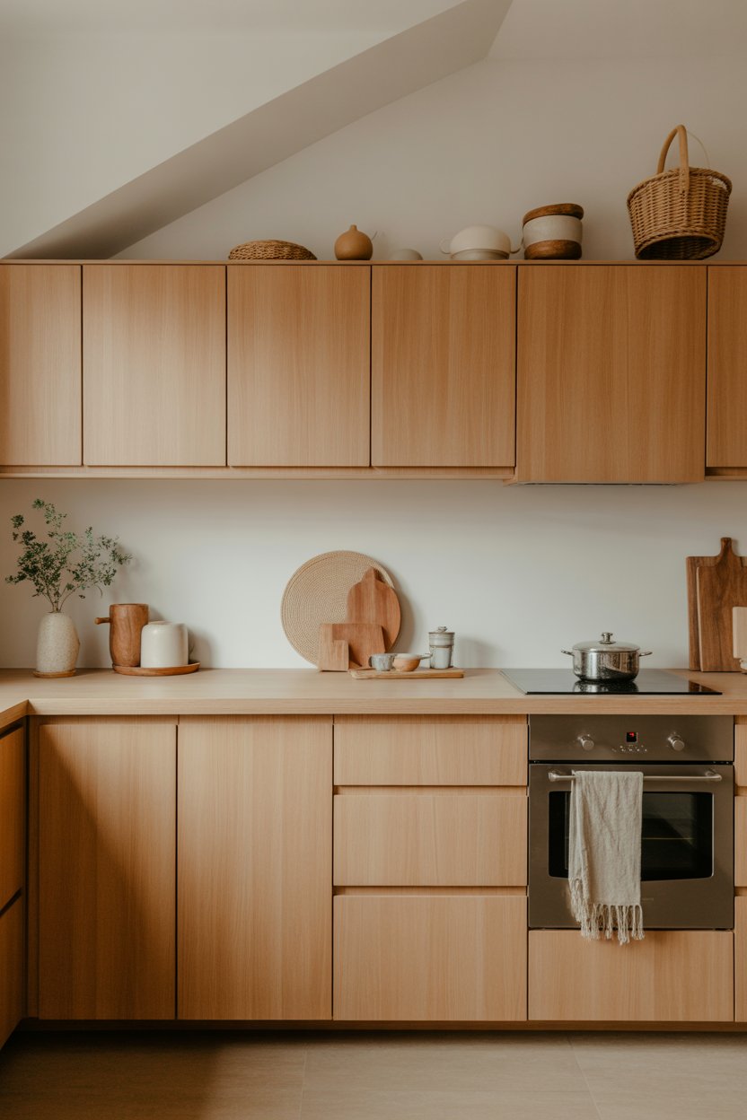 Japandi minimalist kitchen with honey oak cabinets, no hardware, warm neutral walls and natural textures