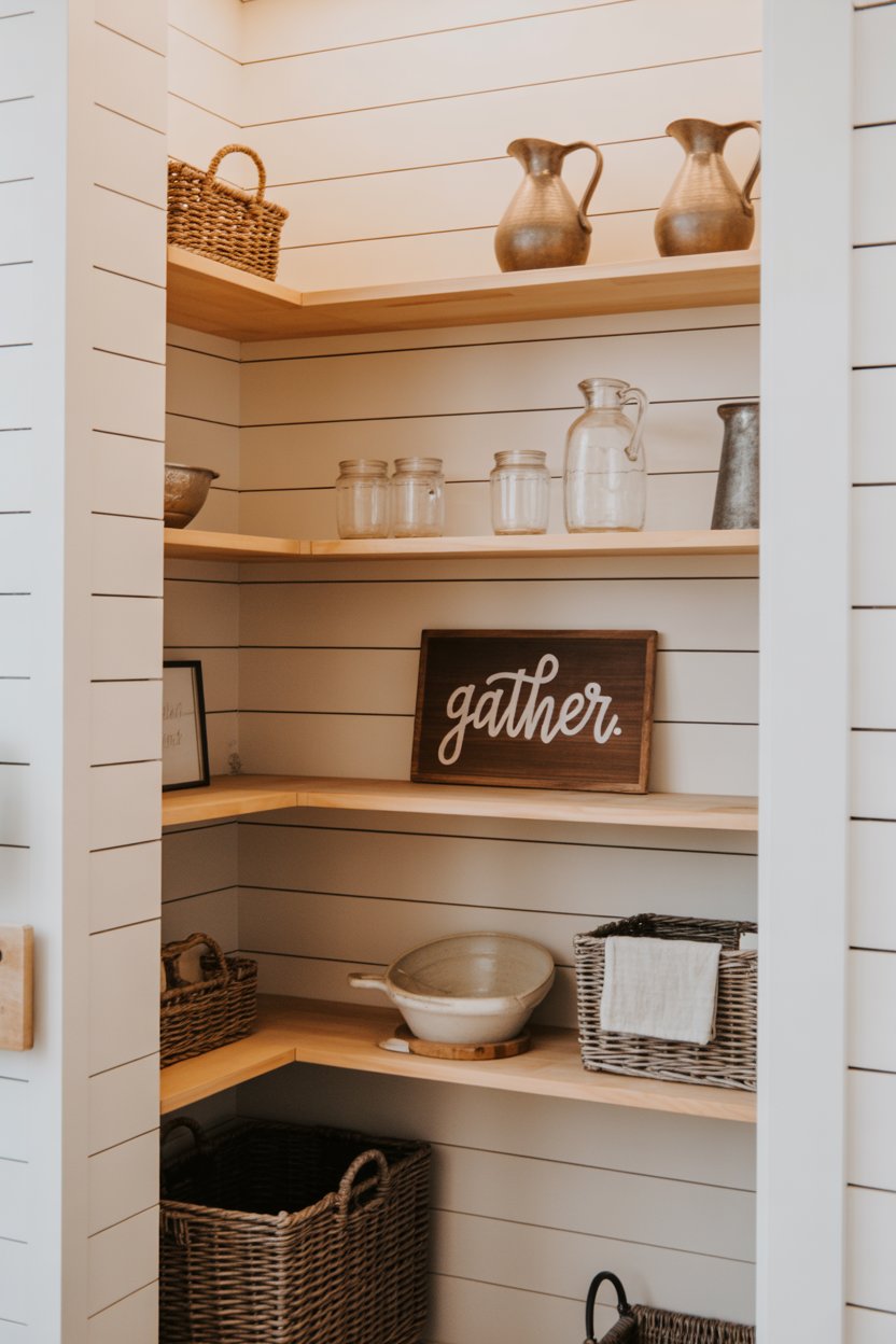Joanna Gaines-inspired rustic Fixer Upper farmhouse pantry with shiplap walls, ironstone pitchers, mason jars, and open natural wood shelves