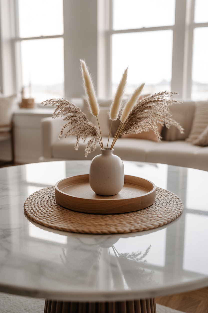 Layered circle centerpiece styling on a round kitchen table with natural textures