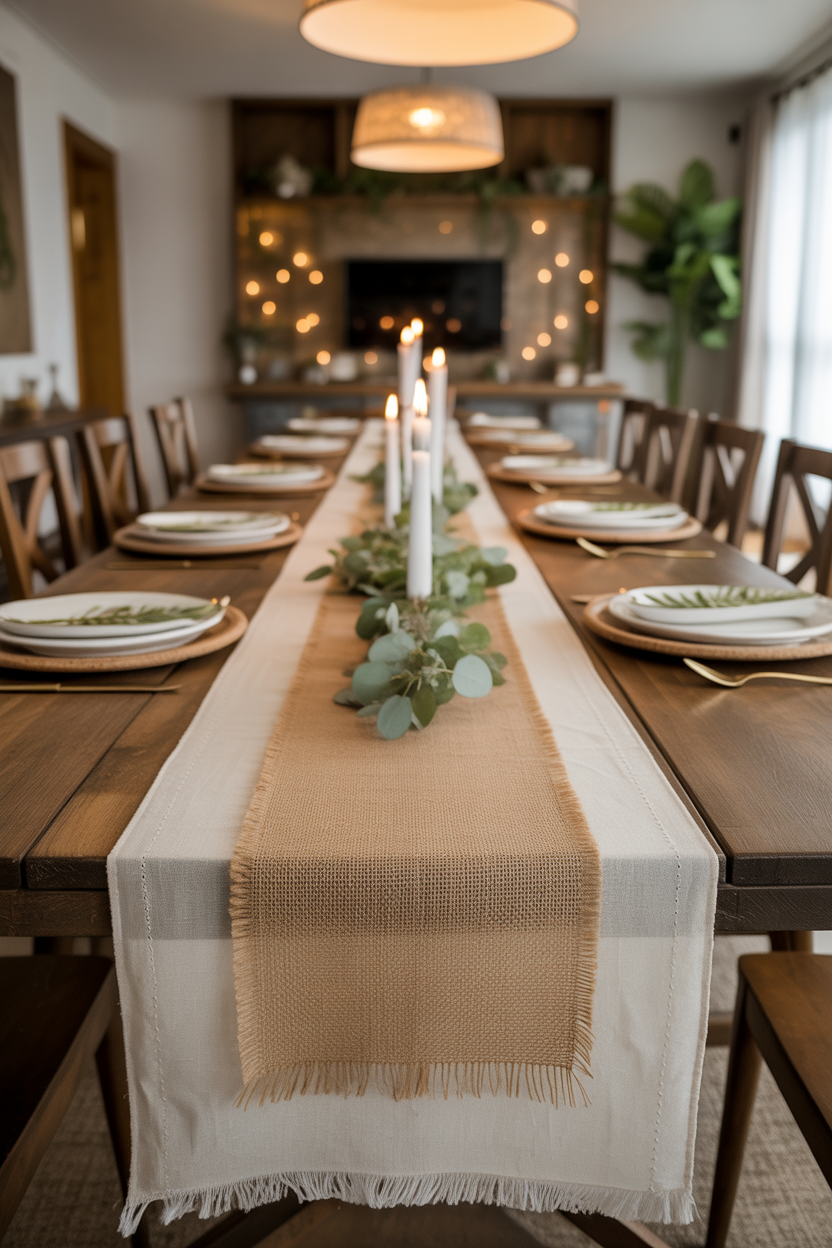 Layered table runner styling on a rectangular farmhouse dining table