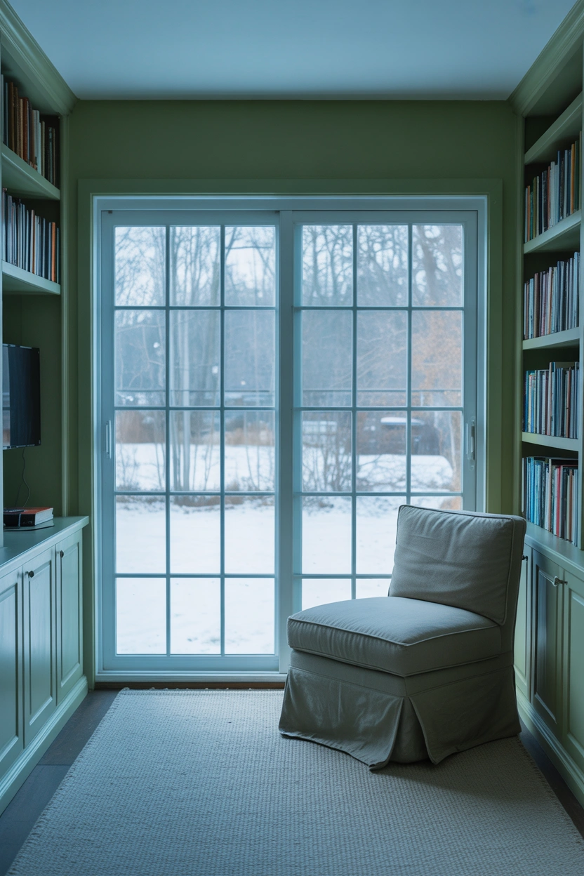 Triple-glazed Low-E glass patio door filling north-facing reading room with even natural light in winter