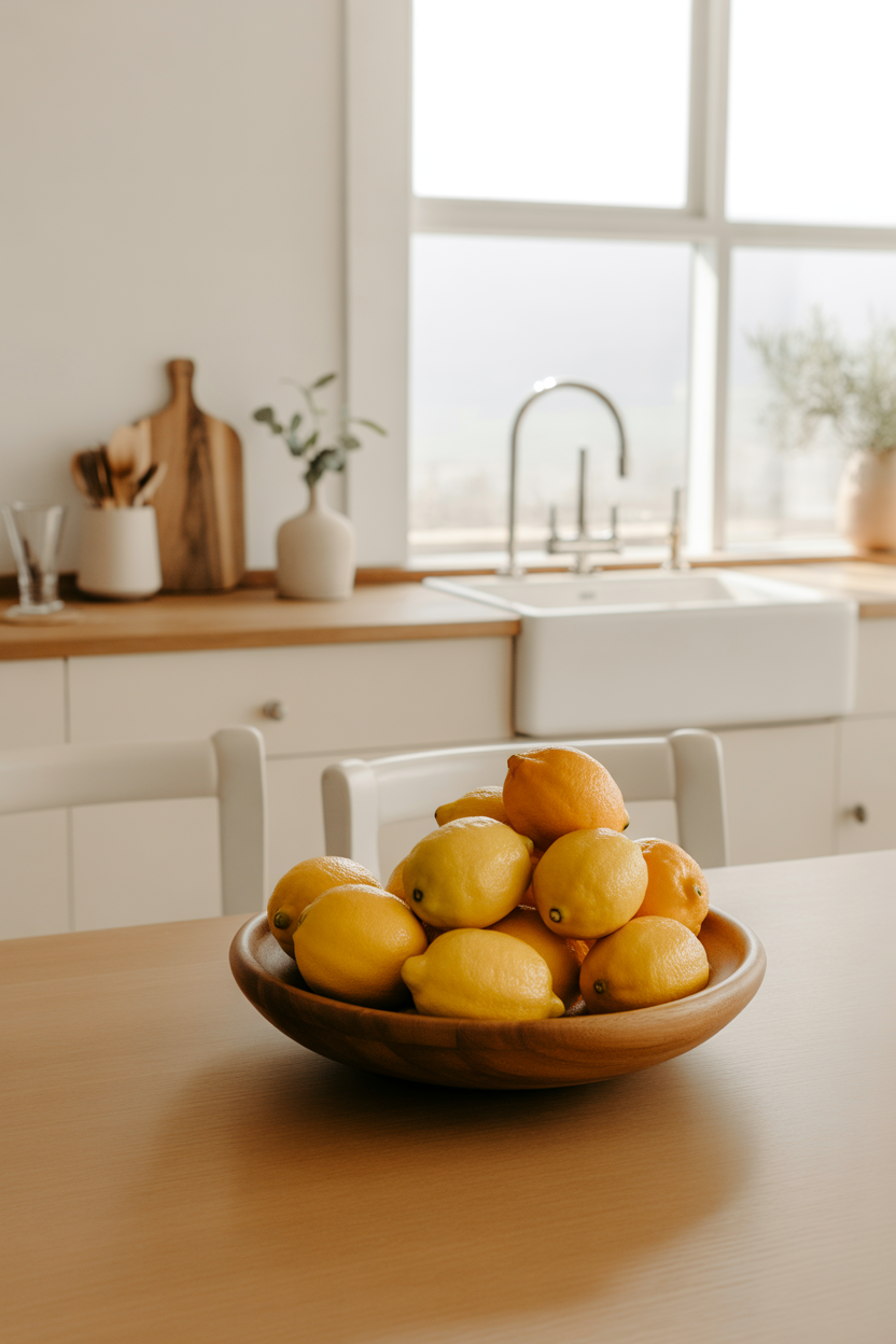 Fresh kitchen table centerpiece with lemons in an elegant wooden bowl in a modern luxury kitchen