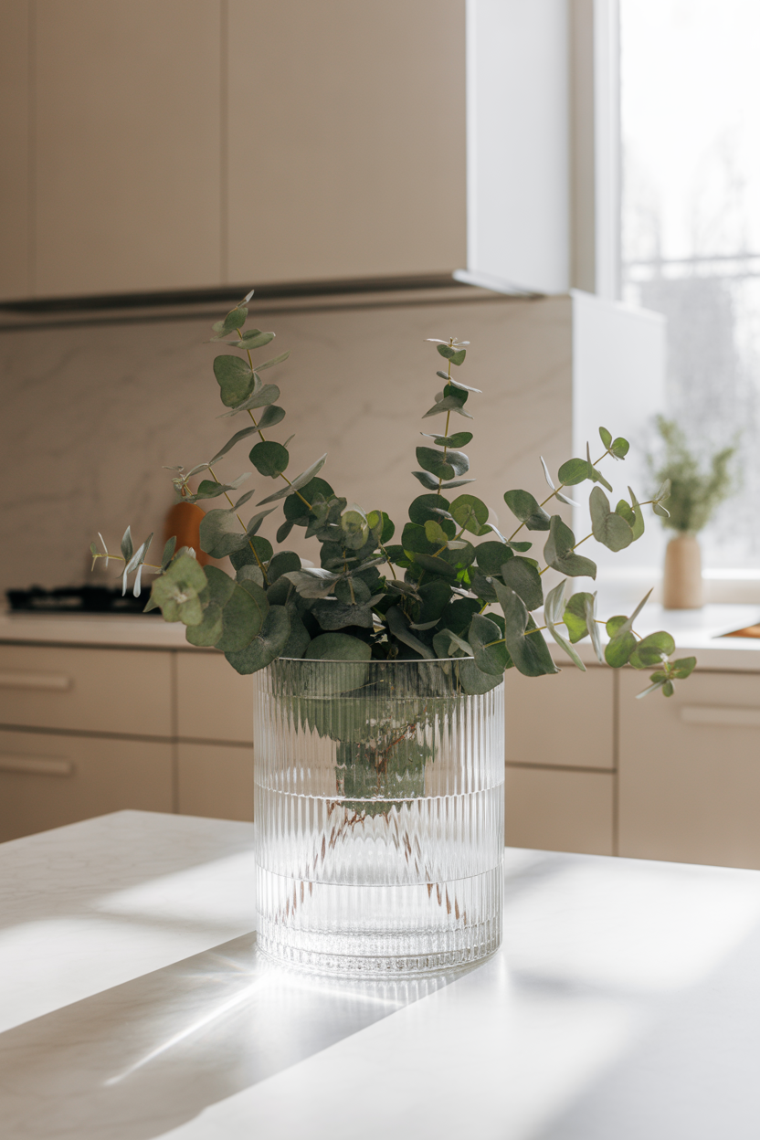 Elegant kitchen table centerpiece with glass vase and fresh eucalyptus in modern luxury kitchen