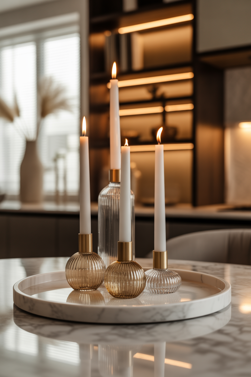 Elegant kitchen table centerpiece with marble tray and gold accents in luxury modern style