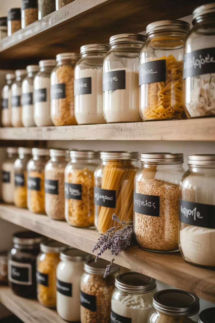 Mason jar rustic dry storage system with chalkboard labels on a reclaimed wood farmhouse pantry shelf