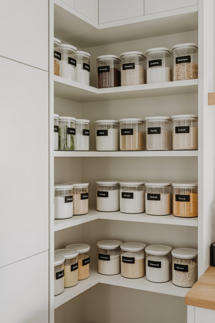 Minimalist corner pantry featuring floating shelves with clear organized storage containers