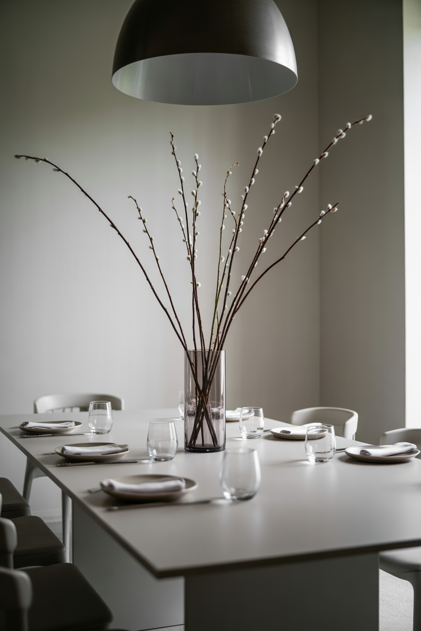 Modern minimalist centerpiece with a single branch on a white rectangle dining table
