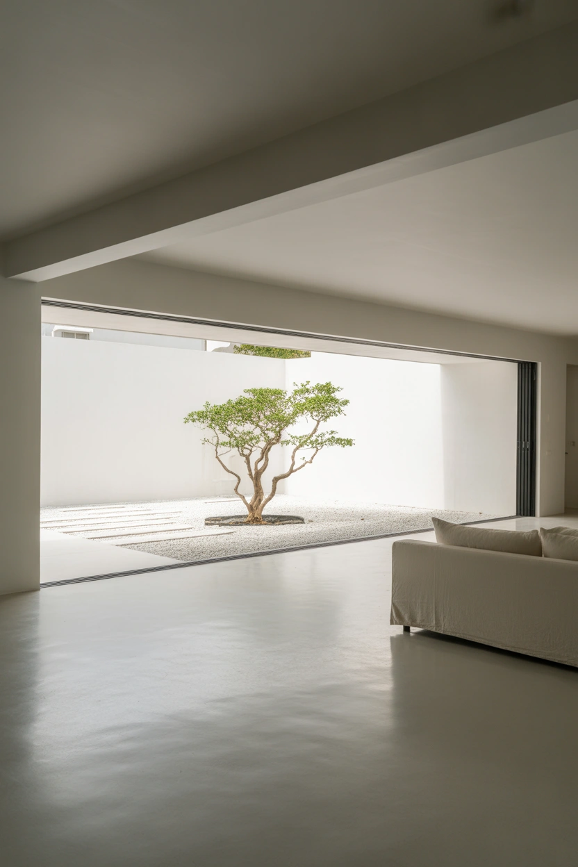 Ultra slim frame minimalist sliding glass patio door in white interior opening to zen garden with gravel and sculpture