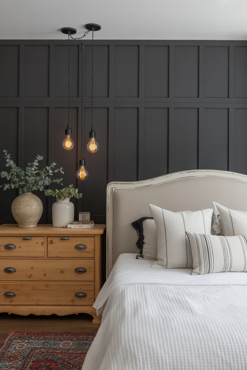 Modern farmhouse black bedroom with board and batten wall and rustic charm for sophisticated women