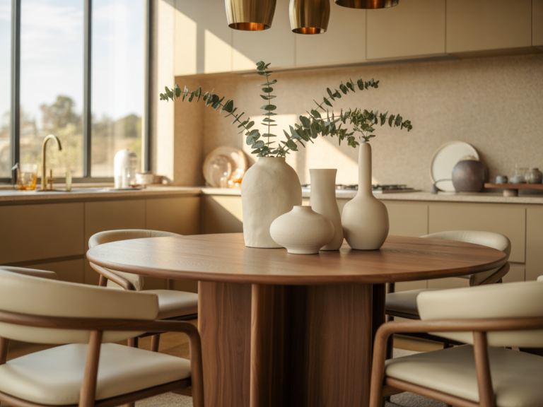 Modern luxury kitchen table décor with elegant centerpiece styling and contemporary dining furniture