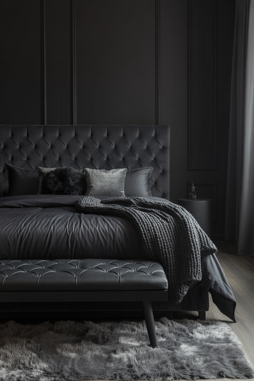 Textured monochromatic black bedroom with layered fabrics and finishes for sophisticated women