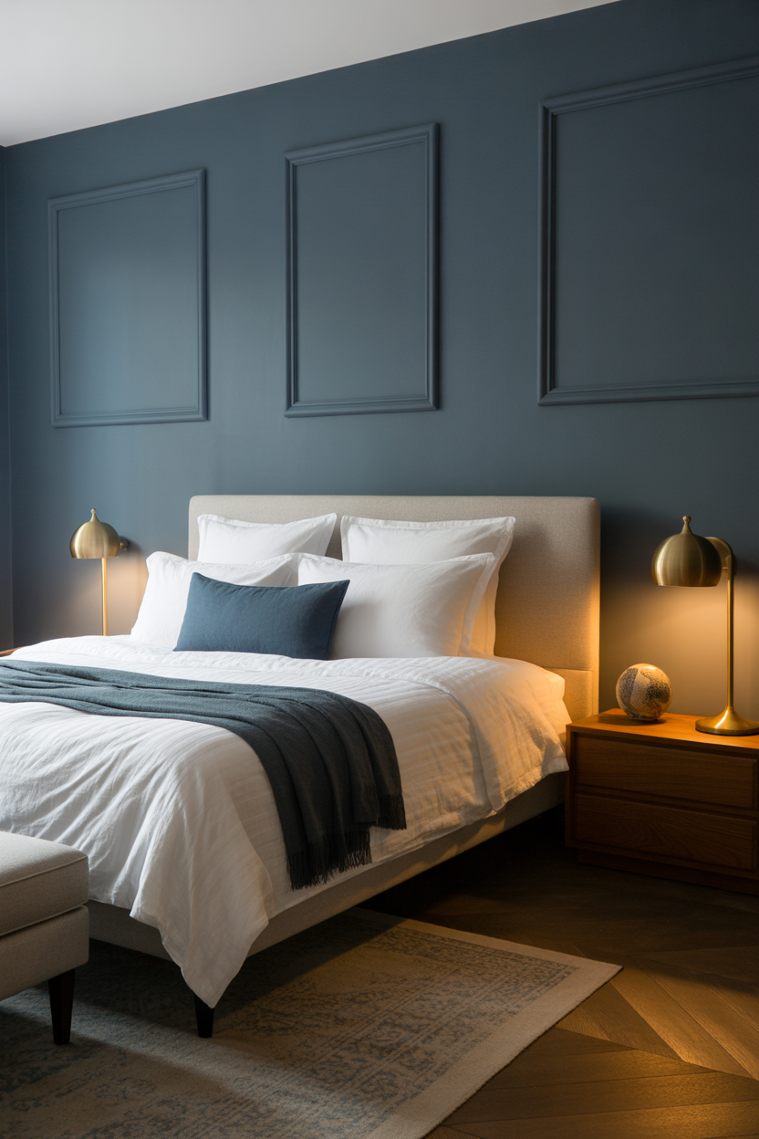 Moody slate blue bedroom with white bedding and brass accents — sophisticated grown woman bedroom idea