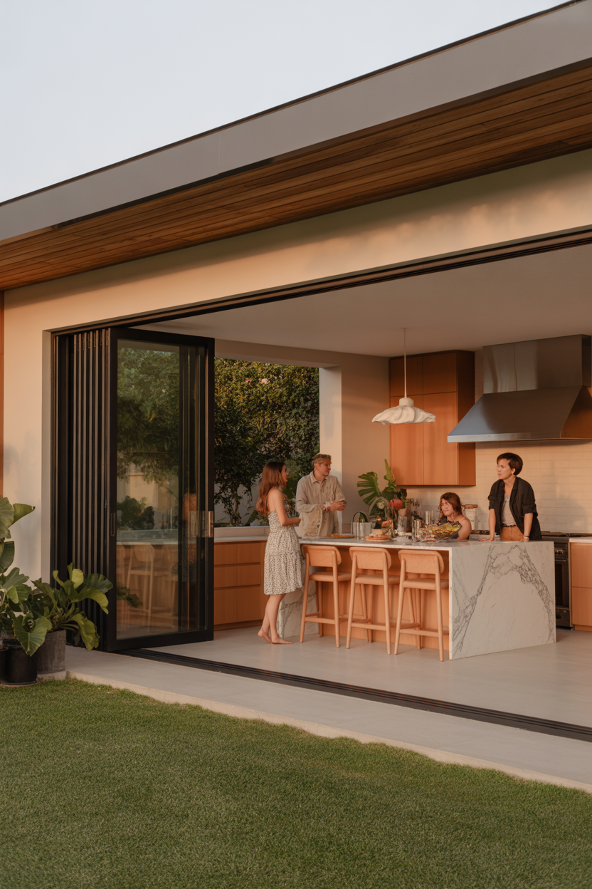 Multi-panel sliding glass wall opens between the kitchen and the covered outdoor patio