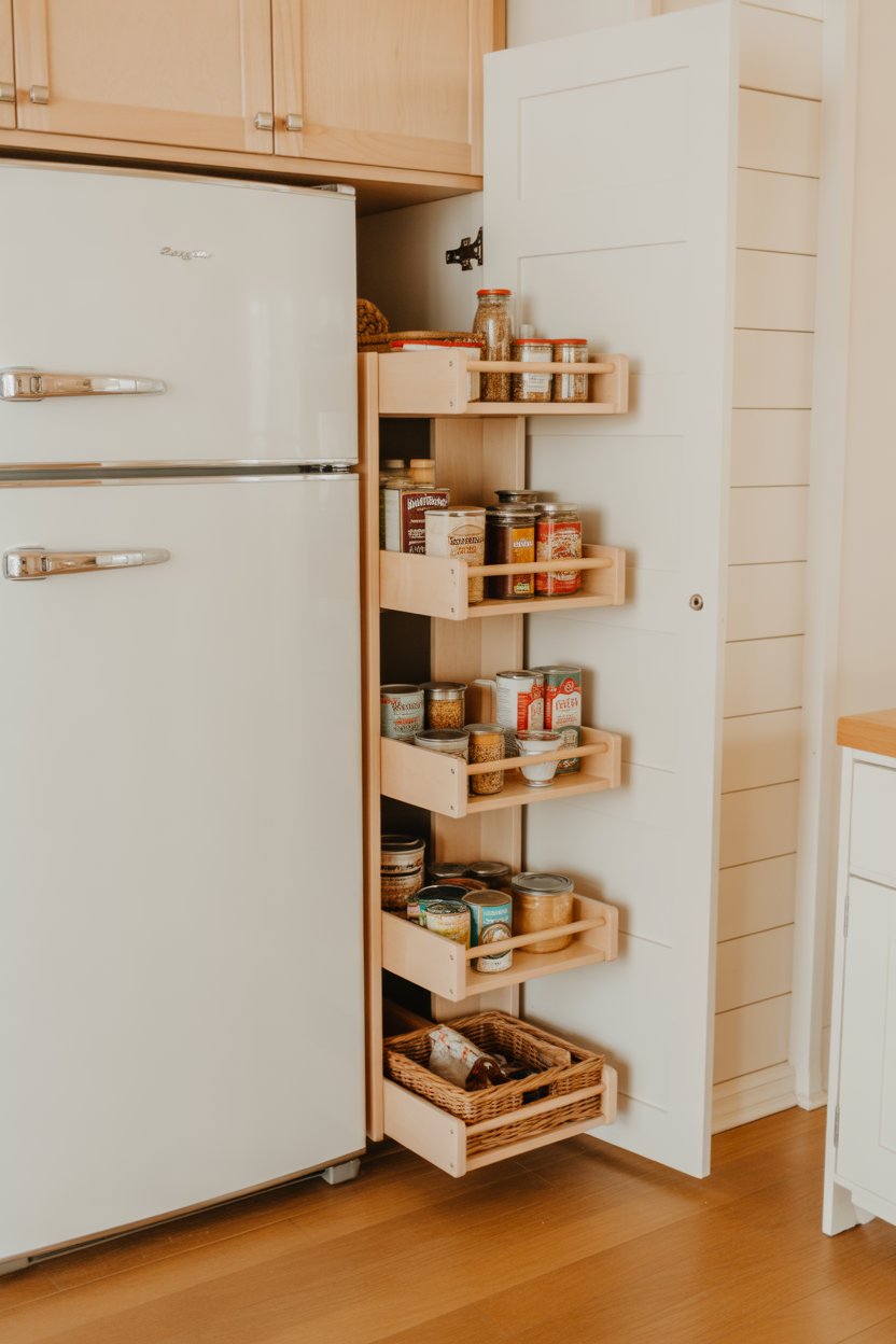 Narrow pull-out rustic farmhouse pantry shelving idea for small kitchen gaps between fridge and wall