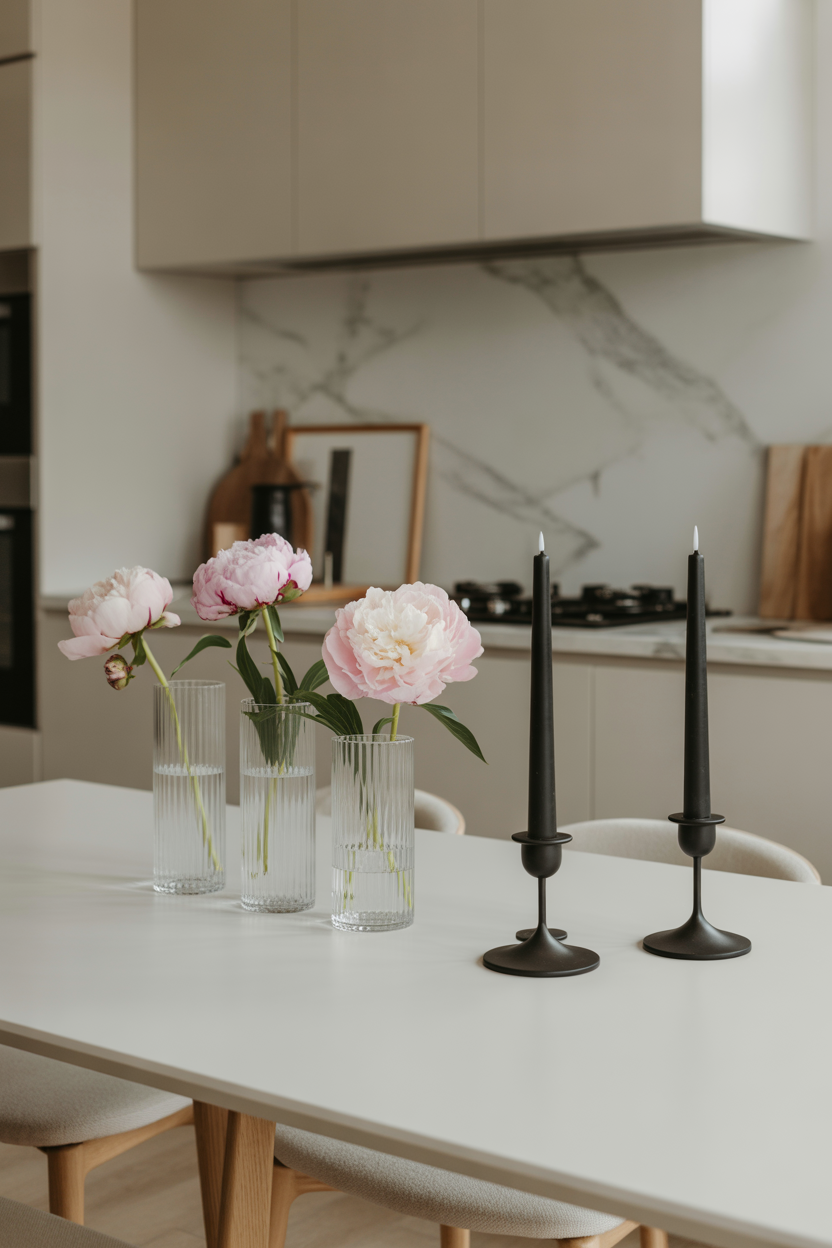 Slim centerpiece styling for a narrow rectangle kitchen table with vertical vases