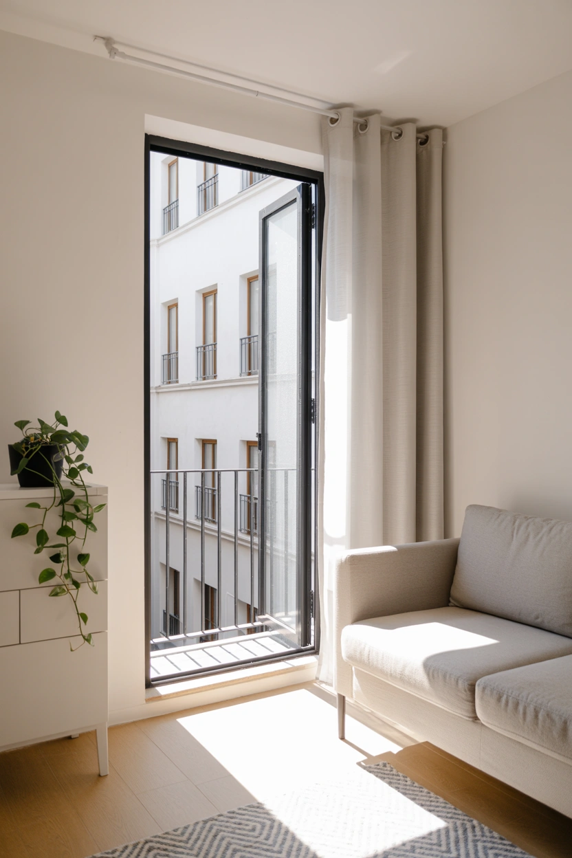 Narrow single glass patio door with black frame, flooding the small apartment living room with natural light