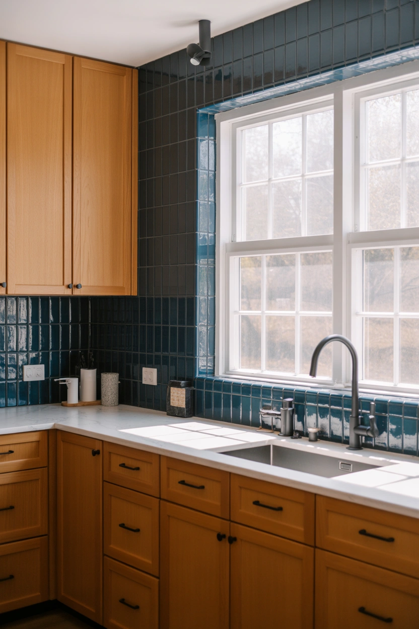 Deep navy blue matte tile backsplash with honey oak kitchen cabinets and white marble countertops in a bold modern kitchen