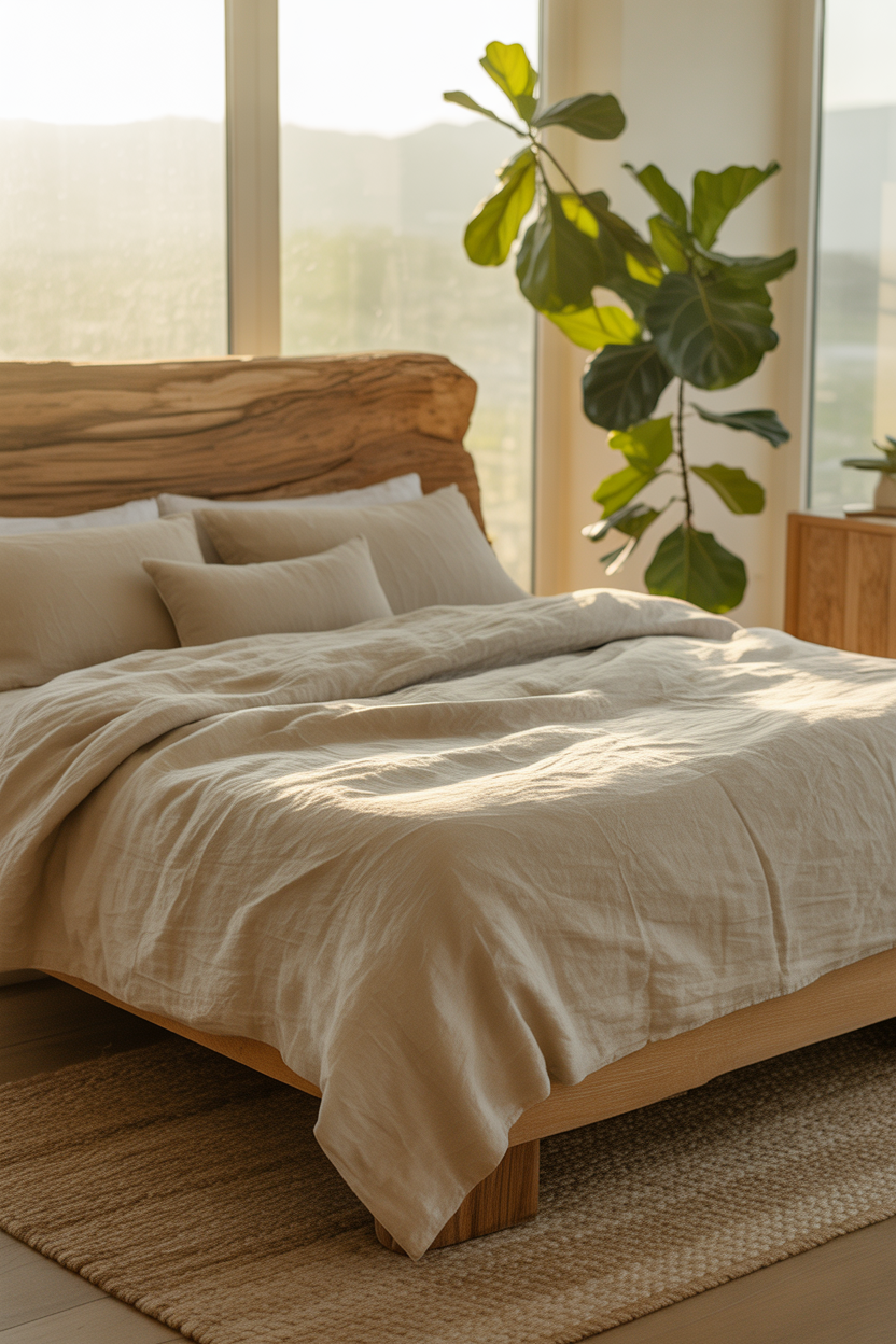 Organic modern bedroom with linen bedding, jute rug, and indoor plant — grown woman bedroom idea
