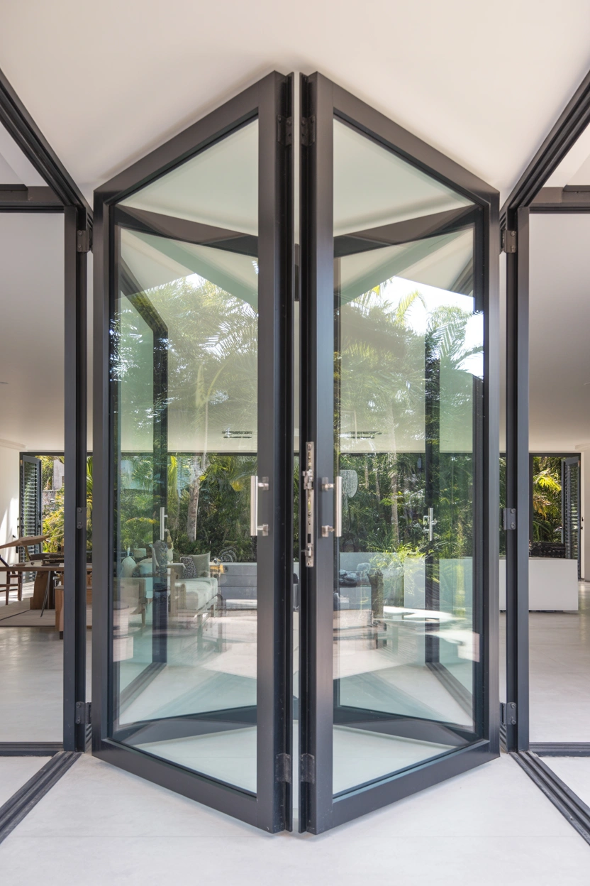 Oversized pivot glass patio door with black steel frame partially open to tropical garden in luxury home