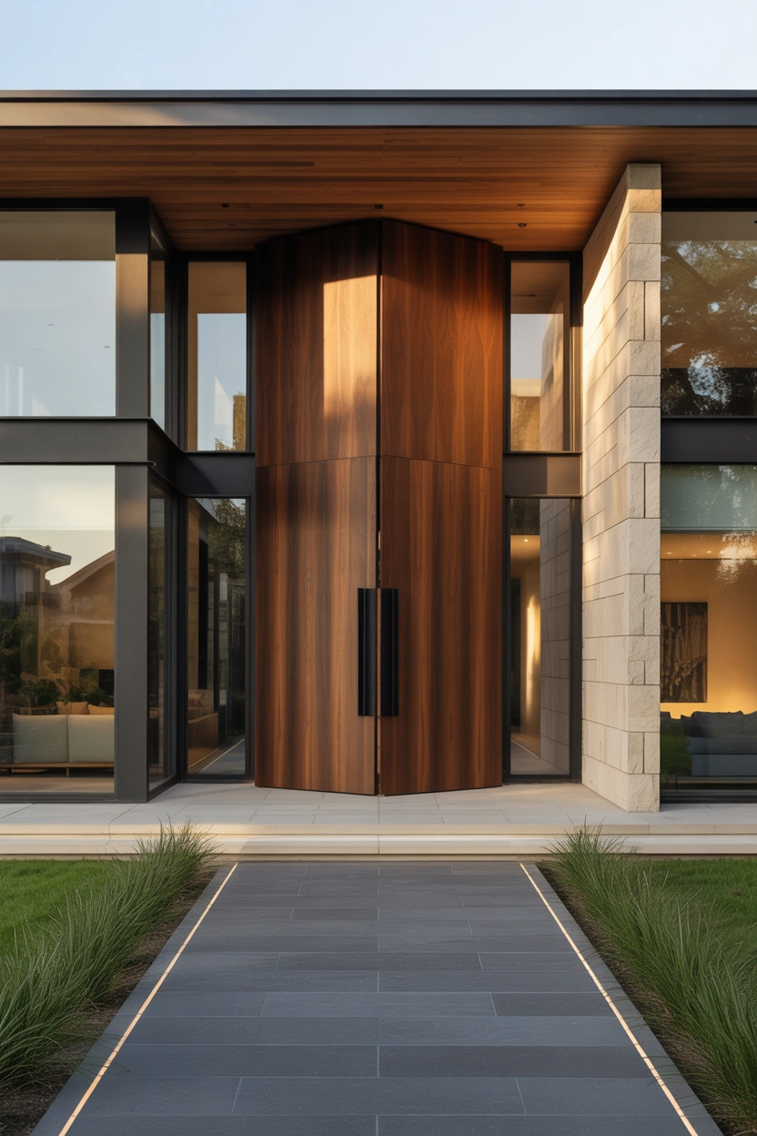 Ultra-realistic luxury modern home entrance featuring an oversized pivot door design, massive floor-to-ceiling wooden pivot door with sleek black metal detailing, warm natural wood texture, elegant modern architecture, soft ambient lighting, clean stone pathway, large glass panels beside the door, minimalist landscaping with subtle greenery, sophisticated contemporary exterior, warm golden evening light, dramatic shadows, high-end mansion aesthetic, Pinterest-worthy luxury home design, ultra detailed textures, realistic reflections, architectural digest style, cozy yet modern atmosphere, 4K HDR, vertical composition, no text.
