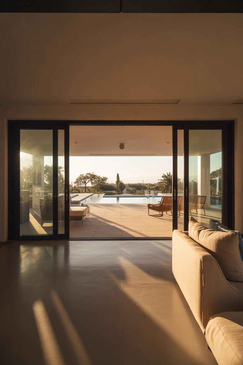 Wide four-panel sliding glass patio wall system open, connecting the living room to the outdoor pool terrace
