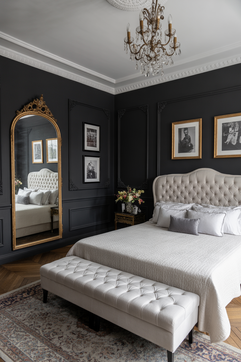 Parisian chic black bedroom with white molding and gold accents for elegant grown women