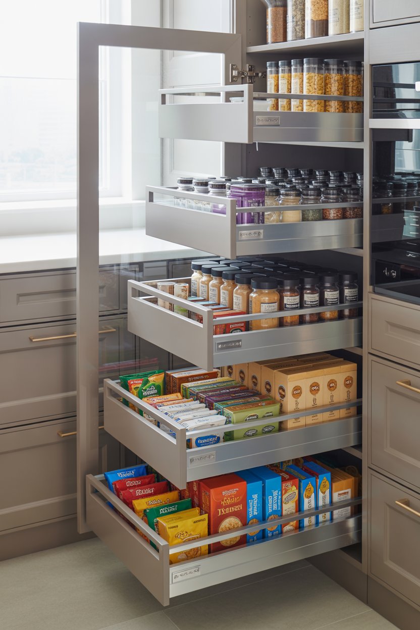 Modern pull-out corner pantry drawer system with soft-close mechanisms and organized storage