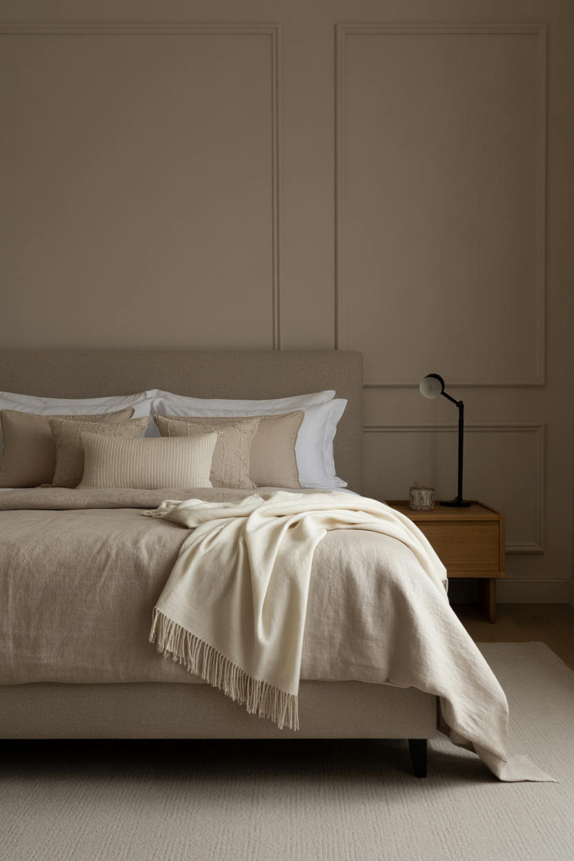 Quiet luxury bedroom with cashmere throw, linen bedding, and matte hardware — sophisticated grown woman bedroom